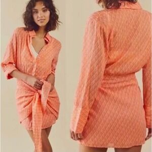 Free People Rillo Womens Shirt Dress Medium Orange Pink Geometric Print‎